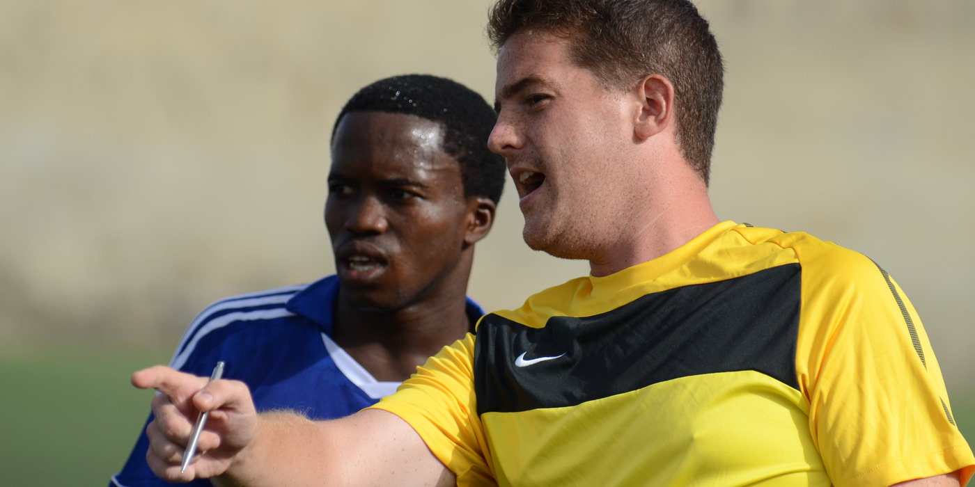 Head Coach Johnny McKinstry and George 'Kweku' Davis  [Leone Stars Training Camp, Cape Verde, June 2013 (Pic: Darren McKinstry)]