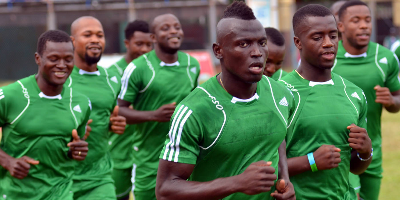 Alhassan 'Crespo' Kamara and team mates warm up in training [Training Camp, in advance of Equatorial Guinea, Sept 2013 (Pic: Darren McKinstry)]